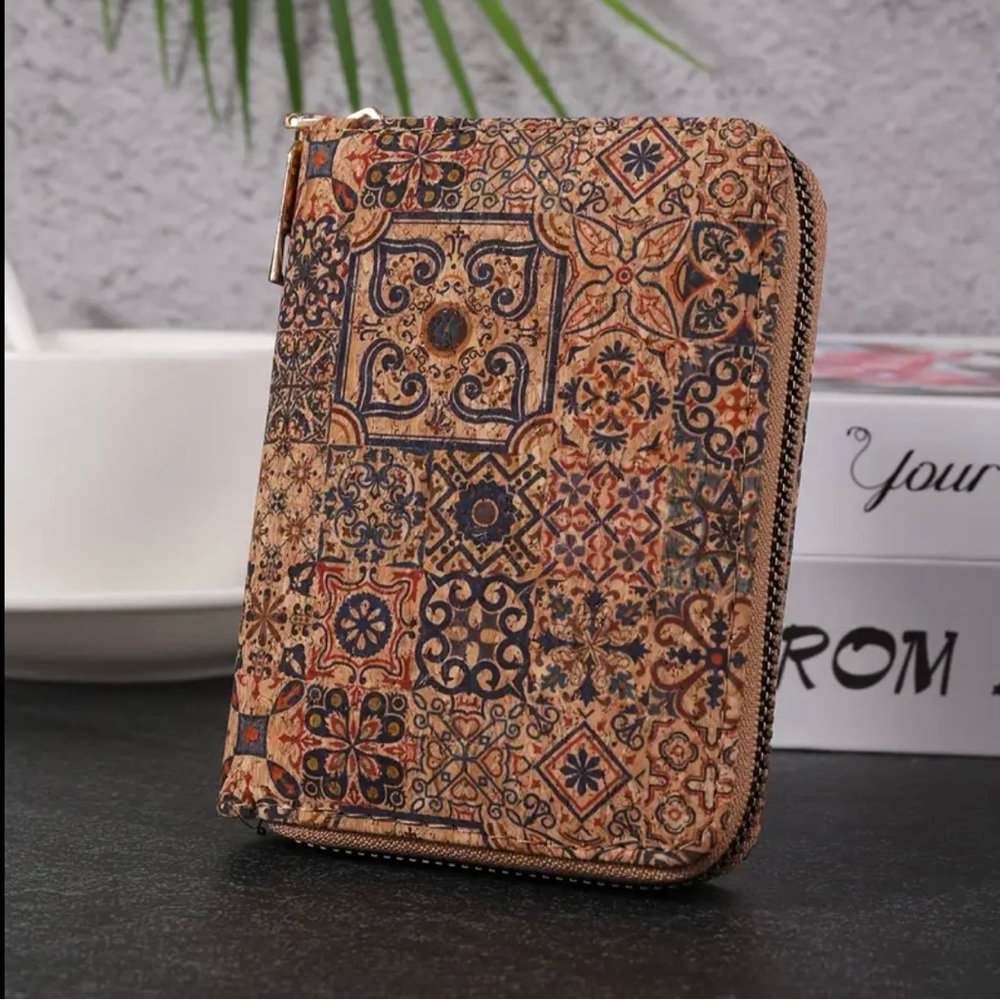 Boho Cork Mini Wallet Floral Coin Purse Zipper Credit Card Holder Vegan Travel